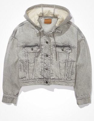 Cropped denim clearance jacket with hood