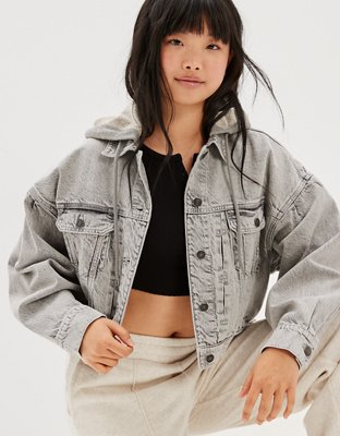 Cropped hooded denim jacket on sale