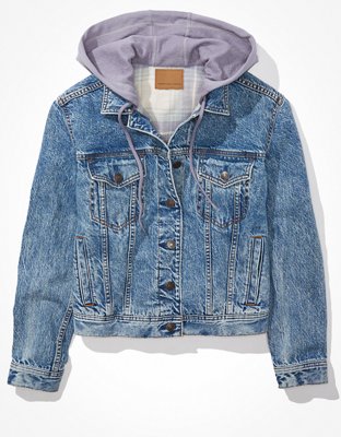AE Plaid-Lined Hooded Denim Jacket