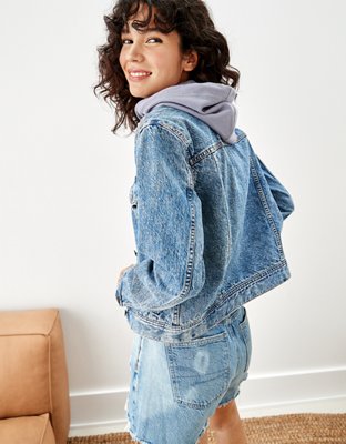 AE Plaid-Lined Hooded Denim Jacket