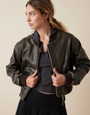 AE Vegan Leather Cropped Bomber Jacket