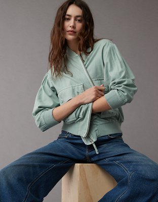 AE Linen-Blend Drape Cropped Bomber Jacket