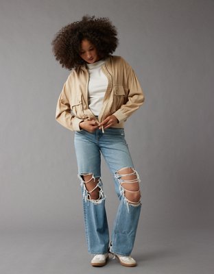 AE Linen-Blend Cropped Bomber Jacket