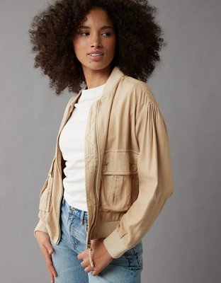 AE Linen-Blend Drape Cropped Bomber Jacket