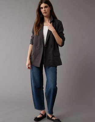 AE Linen-Blend Oversized Double Breasted Blazer