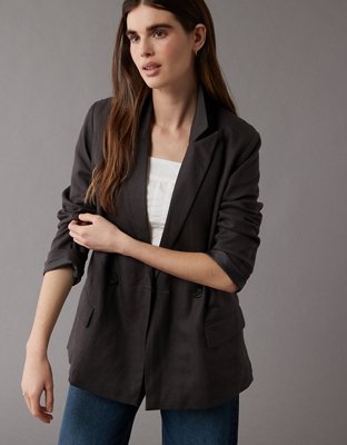 AE Linen-Blend Oversized Double Breasted Blazer