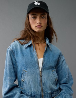 AE Cropped Zip-Up Denim Bomber Jacket