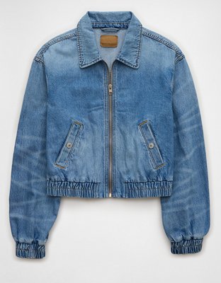 AE Cropped Zip-Up Denim Bomber Jacket | AE