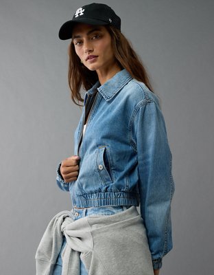 AE Cropped Zip-Up Denim Bomber Jacket