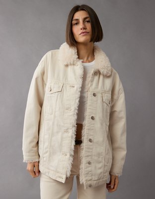 Женские куртки American Eagle AE Ecru Denim Sherpa Trucker Jacket — фото 6