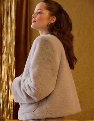 AE Collarless Faux Fur Jacket