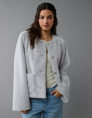 AE Collarless Faux Fur Jacket