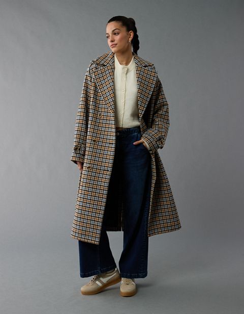 Женские куртки American Eagle AE Plaid Trench Coat