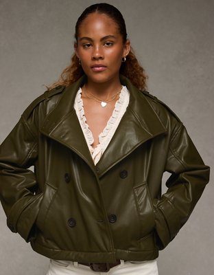 AE Faux Leather Cropped Trench Jacket | American Eagle