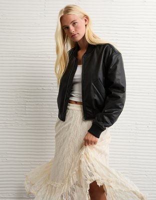 AE Faux Leather Cropped Bomber Jacket