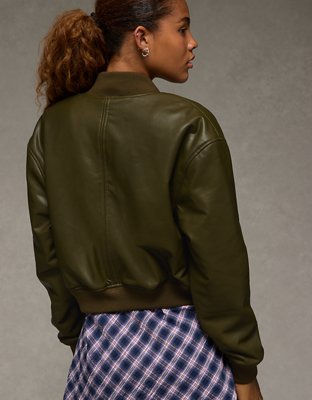 AE Faux Leather Cropped Bomber Jacket