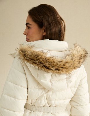 Женская куртка American Eagle AE Cinched Puffer with Fur Trim Hood, цвет: Меловой — фото 6