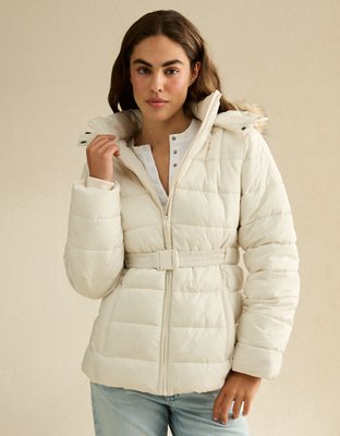 Женская куртка American Eagle AE Cinched Puffer with Fur Trim Hood, цвет: Меловой