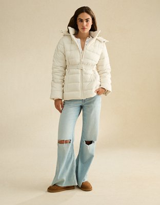 Женская куртка American Eagle AE Cinched Puffer with Fur Trim Hood, цвет: Меловой — фото 4