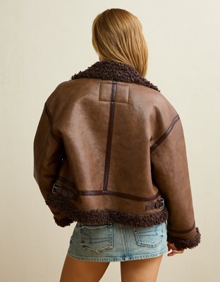 Женская куртка American Eagle AE Cropped Shearling Aviator, цвет: Коричневый — фото 2