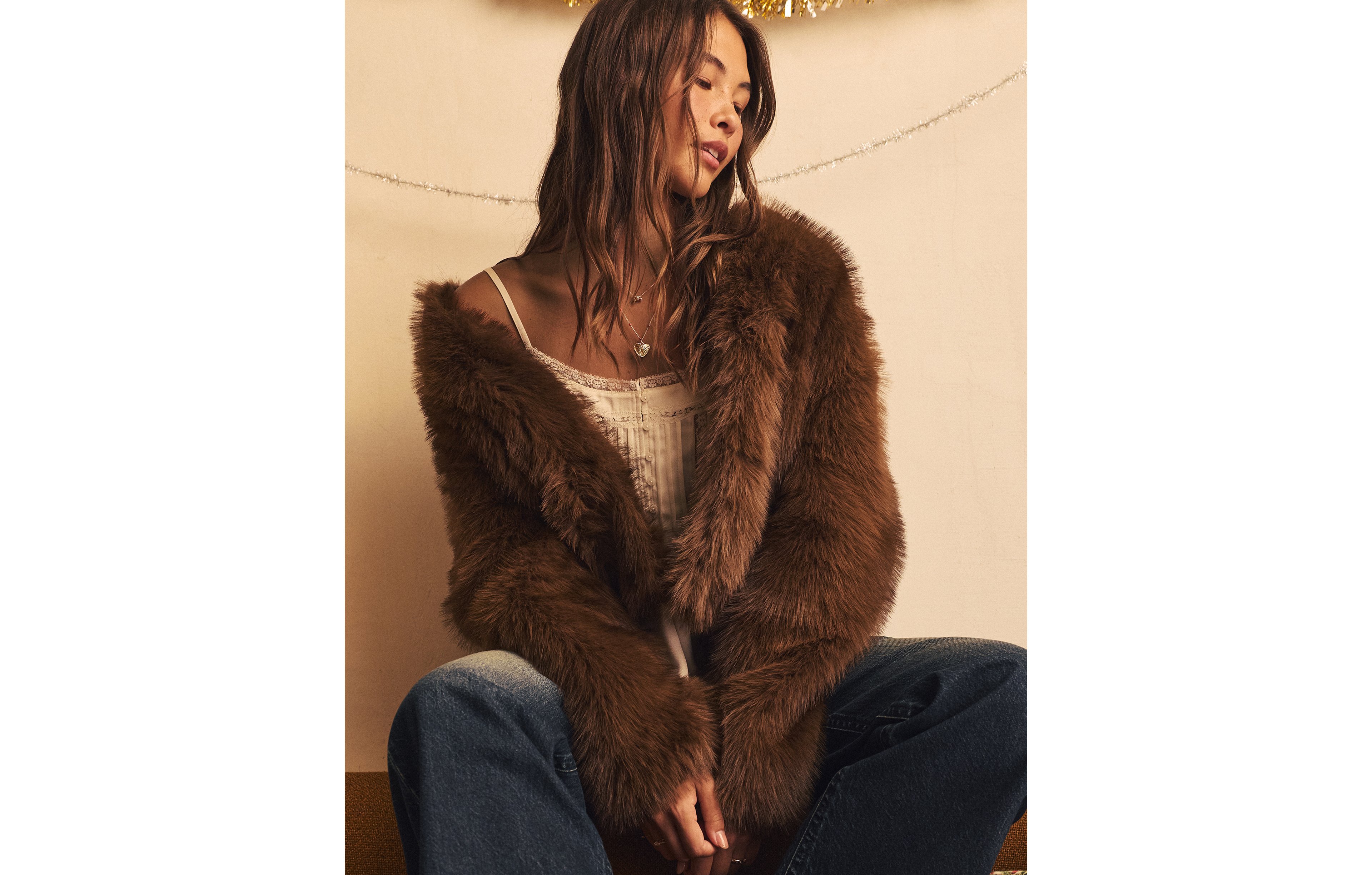 AE Cropped Collarless Fur Jacket