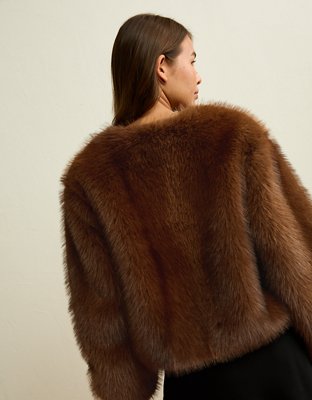 AE Cropped Collarless Fur Jacket