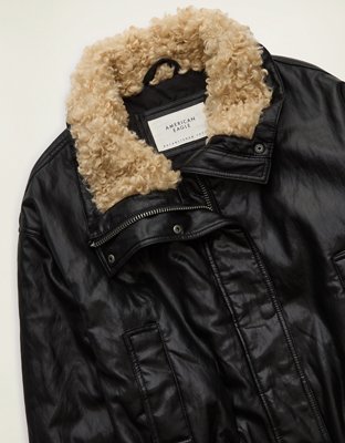 AE Fur Collar Vegan Leather Bomber Jacket