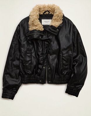 AE Fur Collar Vegan Leather Bomber Jacket
