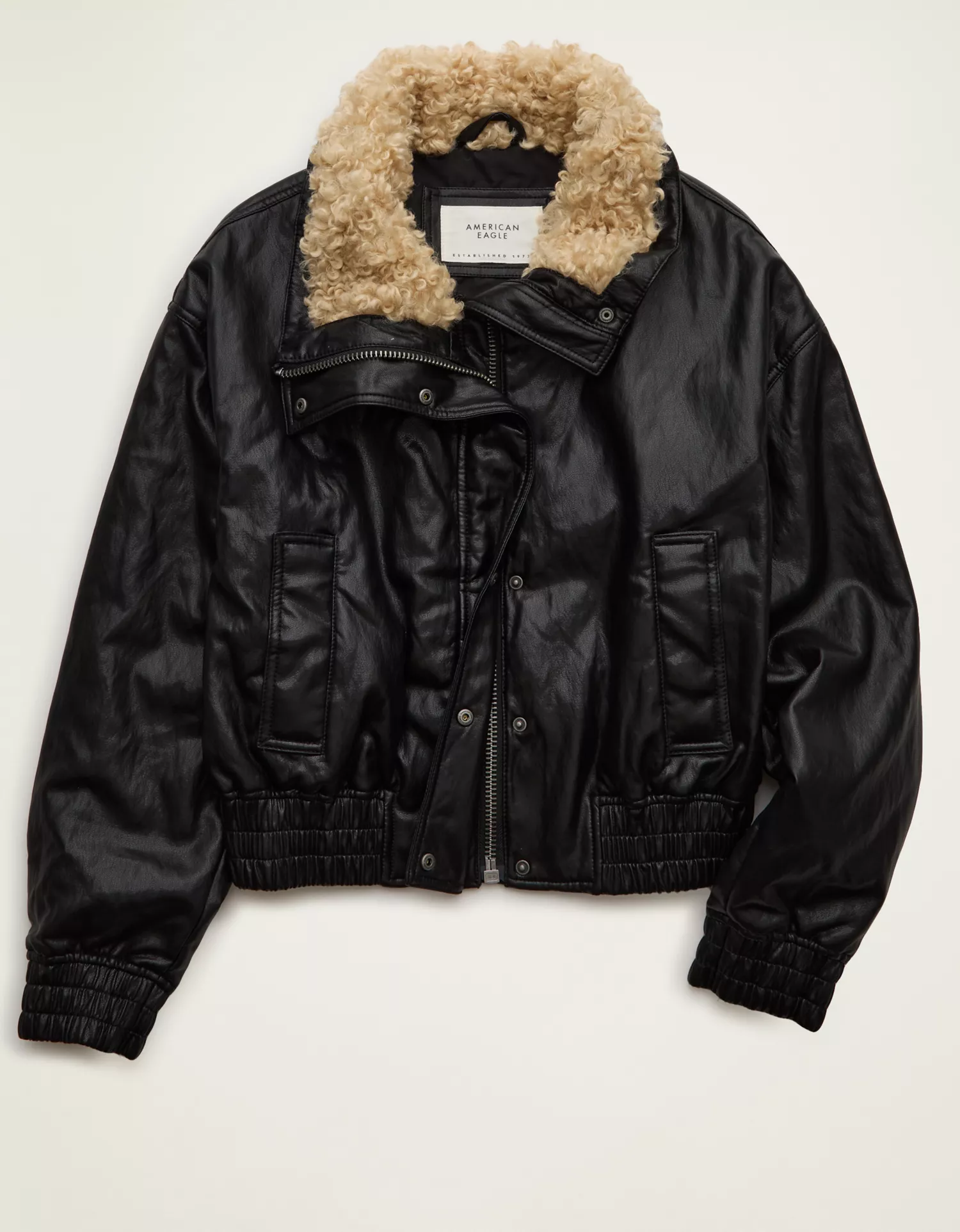 AE Fur Collar Vegan Leather Bomber Jacket - thumbnail 3