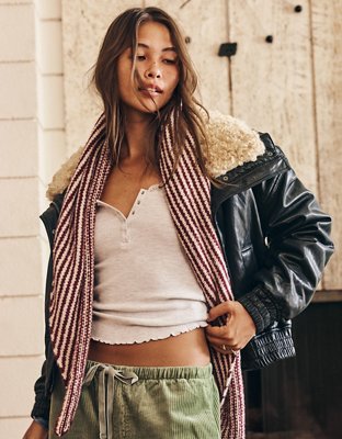 AE Fur Collar Vegan Leather Bomber Jacket