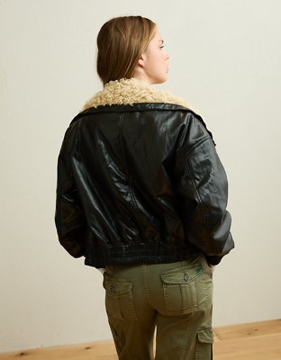 AE Fur Collar Vegan Leather Bomber Jacket