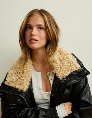 AE Fur Collar Vegan Leather Bomber Jacket