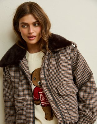 AE Fur Collar Wool-Blend Bomber Jacket