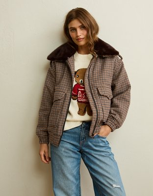 AE Fur Collar Wool-Blend Bomber Jacket