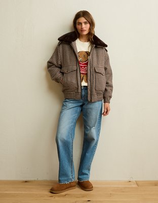 AE Fur Collar Wool-Blend Bomber Jacket