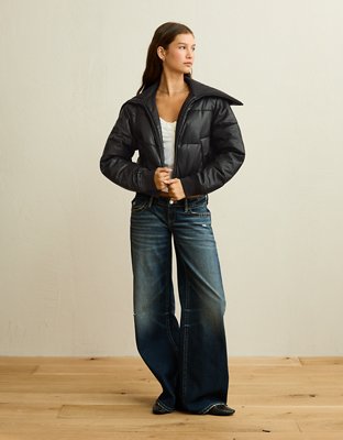 AE Vegan Leather Cropped Puffer Jacket
