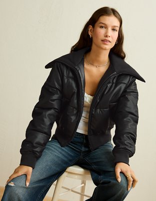 AE Vegan Leather Cropped Puffer Jacket