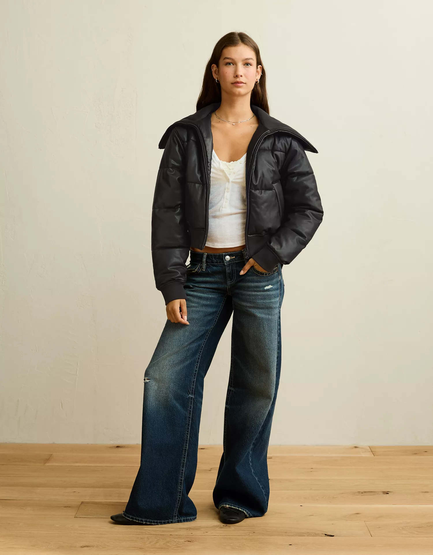 AE Vegan Leather Cropped Puffer Jacket - thumbnail 5