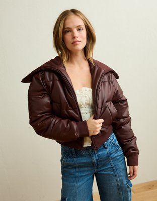 AE Vegan Leather Cropped Puffer Jacket