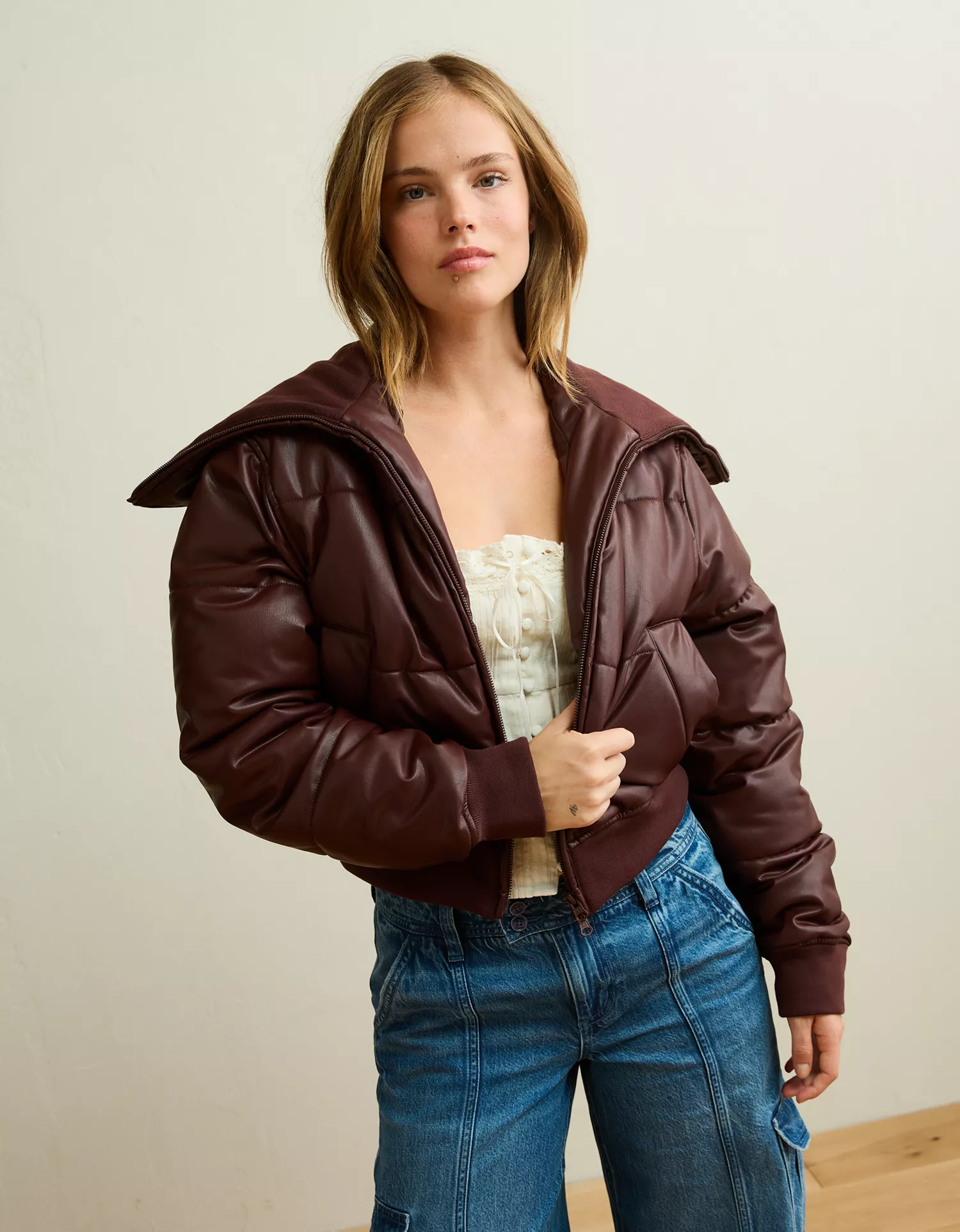 AE Vegan Leather Cropped Puffer Jacket - thumbnail 8