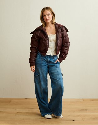 AE Vegan Leather Cropped Puffer Jacket