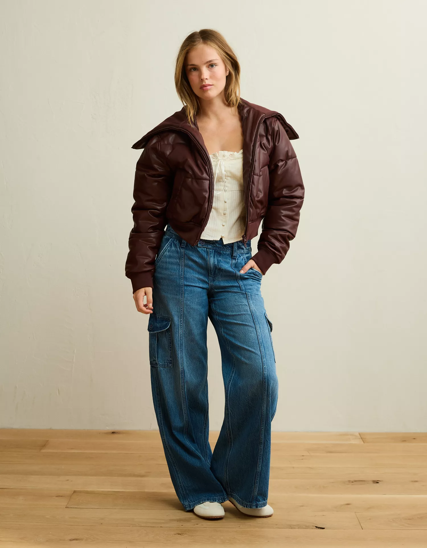 AE Vegan Leather Cropped Puffer Jacket - thumbnail 9