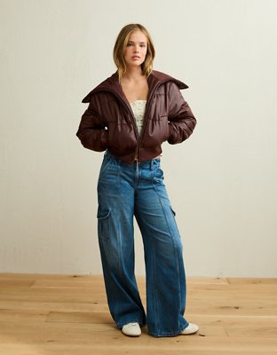 AE Vegan Leather Cropped Puffer Jacket