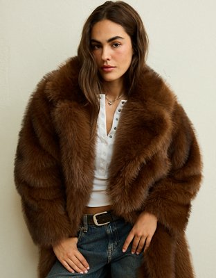 Женское пальто American Eagle AE Long Fur, цвет: Коричневый — фото 5