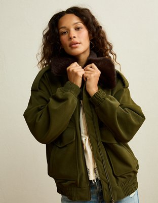 AE Fur Collar Vegan Leather Bomber Jacket