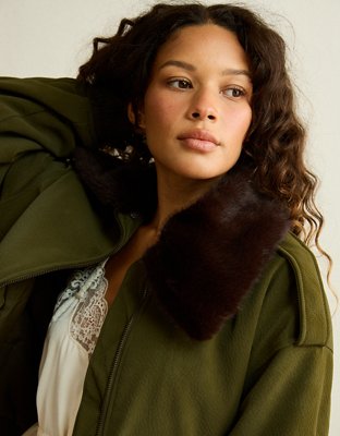 AE Fur Collar Vegan Leather Bomber Jacket