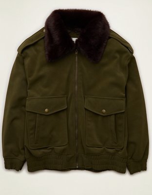 AE Fur Collar Vegan Leather Bomber Jacket