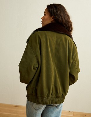 AE Fur Collar Vegan Leather Bomber Jacket