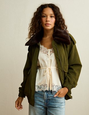 AE Fur Collar Vegan Leather Bomber Jacket