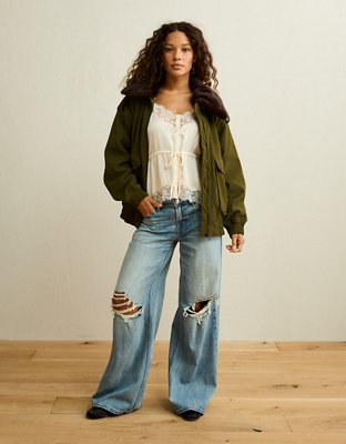 AE Fur Collar Vegan Leather Bomber Jacket